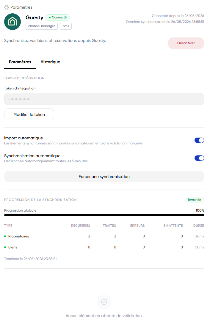 Réglages d'une intégration PMS — synchronisation automatique, token, progression